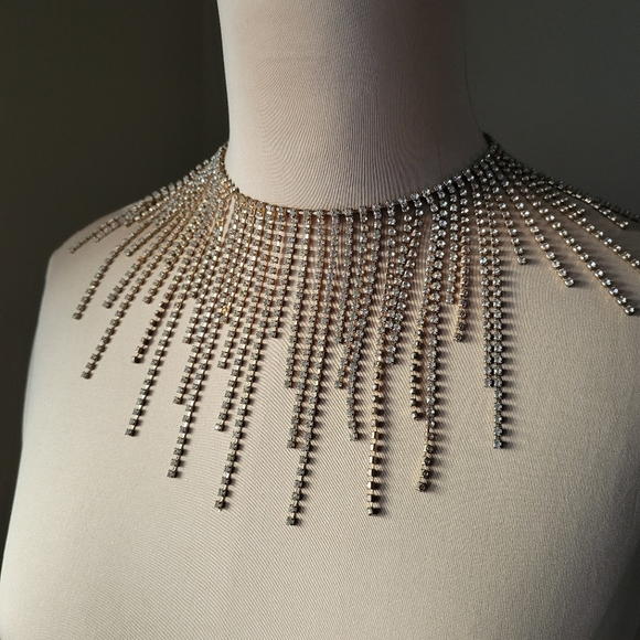Jewelry - Sparkly Gold & Crystal Tassel Fringe Statement Choker Necklace